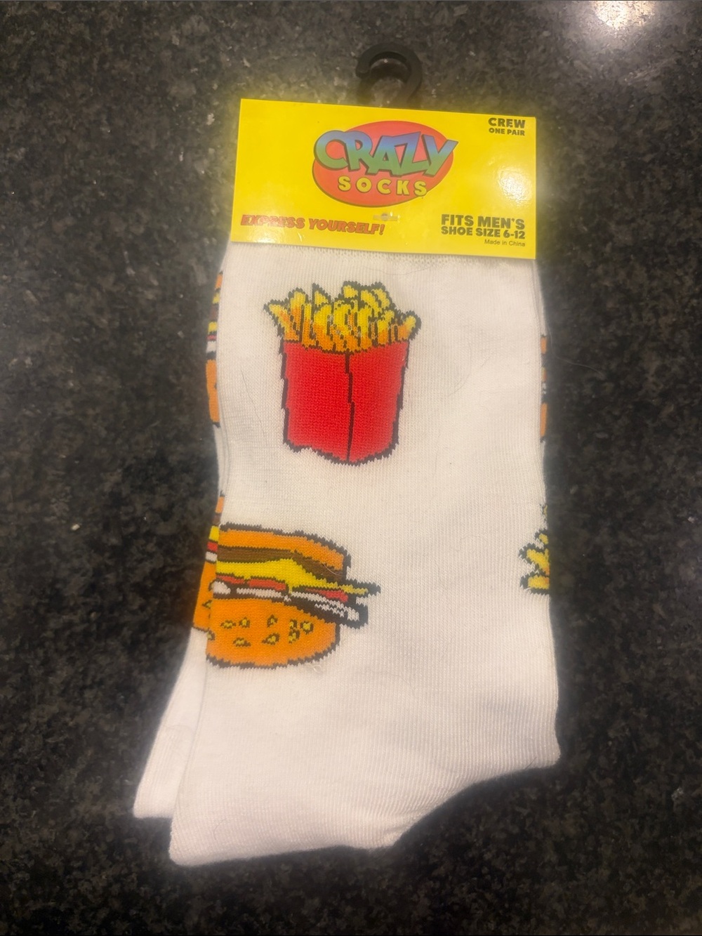 Men’s White Crew Socks with Burger & Fries Print